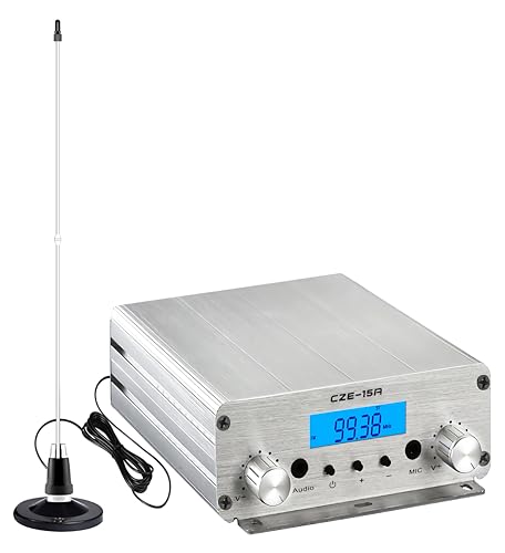 15W Long Range FM Broadcast Transmitter for Drive-in Movie Church Parking Lot Lights Fireworks Show Fireworks Display School Supermarket Events with 3.5mm Mic Jack