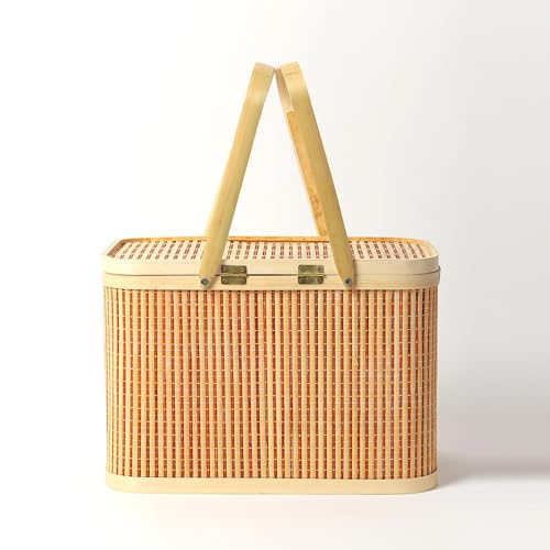 Image of Habere India-All the Cultures Fabricating India Basket for Lunch | Bamboo Picnic Basket with Top Handle | Morden Picnic Baskets Ideal for Outdoor Dining and Family Picnics (Beige : L33xW21xH20 cm)