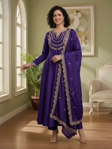Image of Yashika Women's Silk Blend Embroidered Anarkali Kurta Set with Dupatta | Full Length Ethnic Wear for Women | Wedding