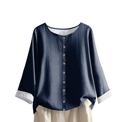 Henley con botones para mujer, manga larga con cuello en V, estampado floral de otoño, tela de lino, camiseta elegante para salir con ambiente Y2K para reuniones, 1a-azul oscuro, S