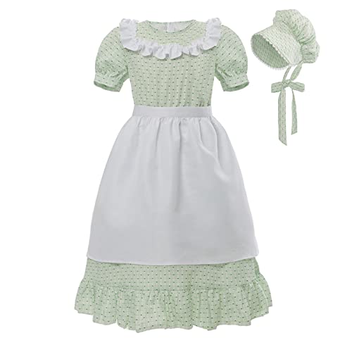 CR ROLECOS Kids Prairie Pioneer Dresses for Girls Ruffles Colonial Pilgrim Costumes Dress 3 Pieces Green Polka Dots M