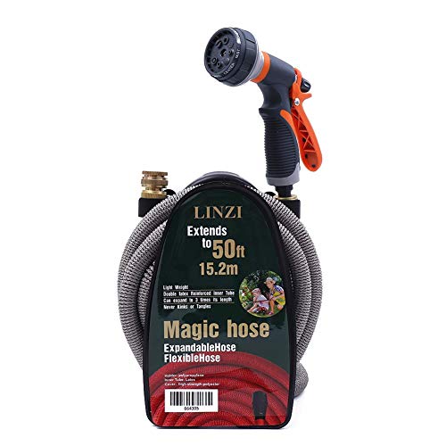 LINZI Expandable Garden Water Hose 15M 50FT Magic Hose Double Latex Inner Hose Flexible No Kink + Brass Connectors + 8 Function Spray Gun + Hose Holder