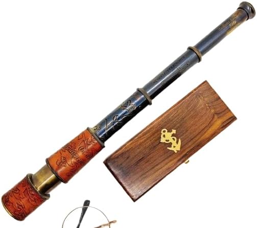 Vintage Brass Telescope – Handheld Nautical Pirate Spyglass for Navigation & Decor – Antique Brass Finish with Embossed (Wooden Box, Medium)