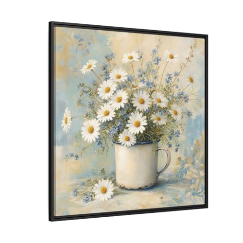 Tableau de marguerites blanches 90x90 cm grand format carré avec cadre