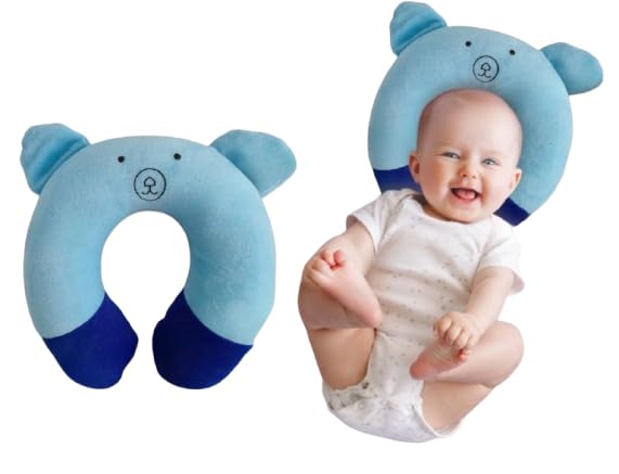 Infant Travel & Sleep Support Pillow Set | Mouse Contour & Blue Bear U-Neck Cushion | Head Shaping & Neck Support for Newborns 0-12 Months (Blue)