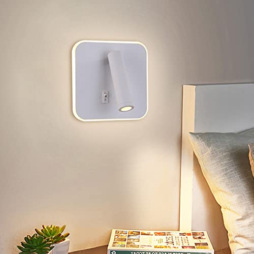 SXYSXYSXY Lámpara de pared con interruptor En el interior LED Lampara de lectura cuadrado lámpara de noche Blanco cálido 3000k moderno habitación lámpara de pared de lectura,blanca
