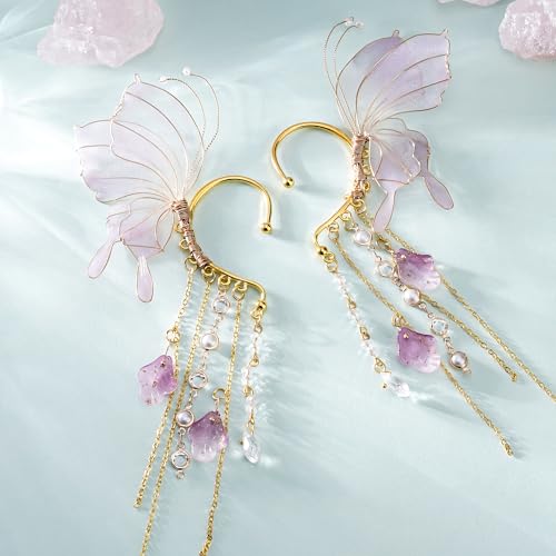 FRESHME Butterfly Elf Ear Cuffs - Fairy Ear Cuffs with Tassel Non Pierced Mermaid Ears for Women Renaissance Accessories3