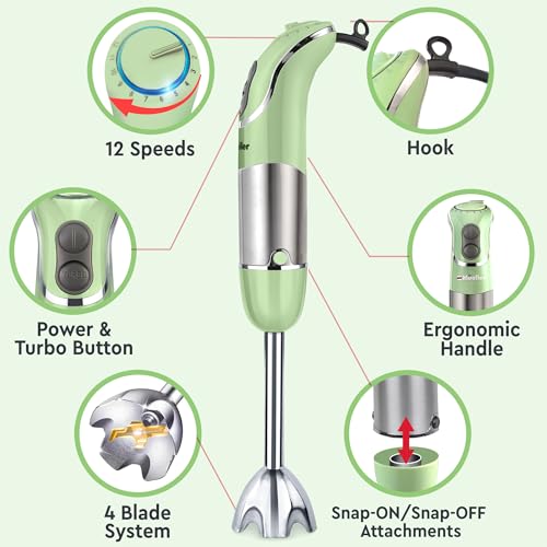 Image of Mueller Multistick 800W 4-in-1 Immersion Blender Handheld, 12 Speed Hand Mixer - Turbo Boost, Heaviest Duty Copper Motor, Titanium Blades Hand Blender, Milk Frother Wand, Whisk, Beaker, Chopper, Green