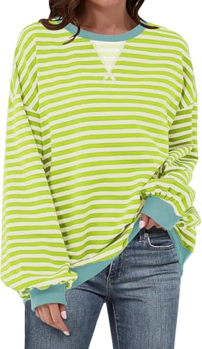 Image of UEU Women Oversized Striped Crewneck Sweatshirt Long Sleeve Color Block Pullover Tops Casual Loose Workout Shirt