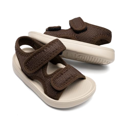 Bellocasa Toddler Boys Girls Summer Slide Sandals Baby Comfort Lightweight Walking Shoes Open Toe Adjustable Outdoor Beach Sandals for Kids, 2277-coffee, 7-7.5 Toddler