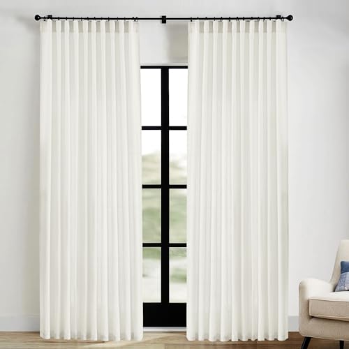 Image of Extra Wide Curtains 70 In Width for 60 & 72 Inch Window,Pleated Back Tab Linen Semi Sheer Full Length Curtains for Living Room Sliding Glass Door 2 Panel Set,72x84,70x84,6FT x 84 Inches Long,Cream