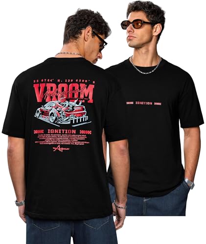 Herberton Mens Casual Modern Tshirt Pattern Racing Car Vroom Tee Print Outdoor Loose Fit Baggy Relaxed Summer Youth Y2k Classic 100% Pure Cotton Short Sleeve Hiphop Shirt Black XL