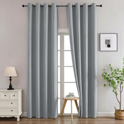 Image of Simplebrand Silver Grey Curtains for Bedroom Living Room 96 Inches Long 2 Panels Set, Room Darkening Thermal Insulated Curtains & Drapes, Solid Grommet Noise Reducing Window Treatment, W50 x L96 Inch