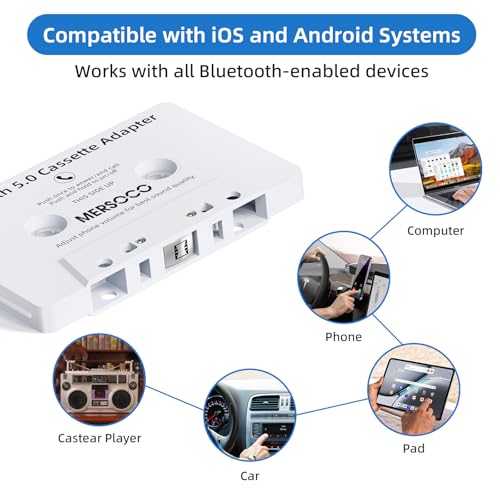 Car Audio Bluetooth 5.0 Cassette Receiver, Cassette Bluetooth Adapter for Car Tape Player, Wireless Cassette Aux Adapter with Hands-Free Calling, Universal Compatibility for Smartphone,Tablet(White) - Thumbnail 5