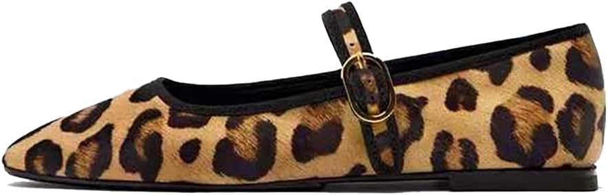 Women’s Leopard Print Mary Jane Flats Square Toe Bow Tie Ballet Flats for Women Buckle Strap Comfortable Ballerina Shoes