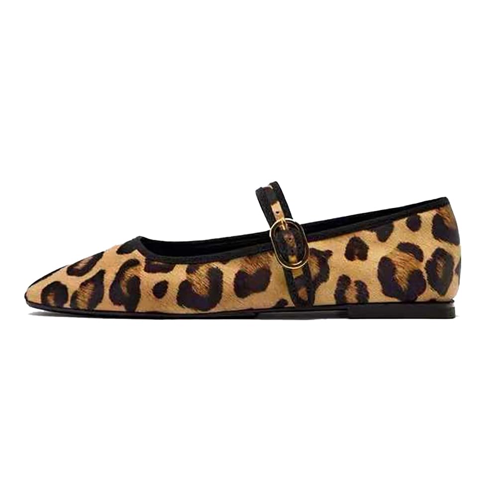 Moyilishan Women's Leopard Print Mary Jane Flats Square Toe Buckle Strap Faux Suede Ballet Shoes Trendy Animal Print Slip-Ons for Casual Dressy