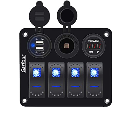 Garfour Waterproof Boat Rocker Switch Panel Aluminium Panel With 12V Voltmeter 3.1A Dual Usb Cigarette Lighter Socket 4 Bang Boat Switch Panel For Car Boat #TOP6