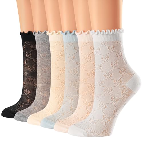 Women's Ruffle Socks,Cute sheer Thin Cotton Sock, Friily Cuff,Cool Lace Elegant Socks,Girl's Sock 6 Pack (Size5-9)