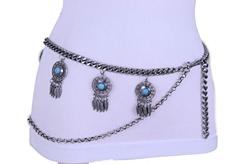 TFJ Women Bohemian Fashion Belt High Waist Hip Silver Metal Chain Feather Dream Catcher Charm M L XL4