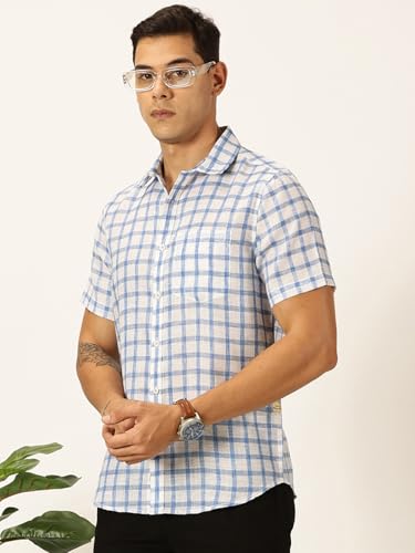 Image of Thomas Scott Men's | Checks | Half Sleeve | Slim Fit | Jute Linen | Spread Collar | Casual Shirt