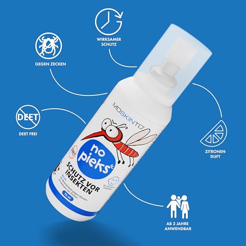 Moskinto Mückenspray no pieks - 8 Stunden Schutz vor Mücken - schützt auch vor Zecken und anderen Insekten - Mückenschutz für Kinder und Erwachsene - ohne DEET - 1 x Spray - 75 ml