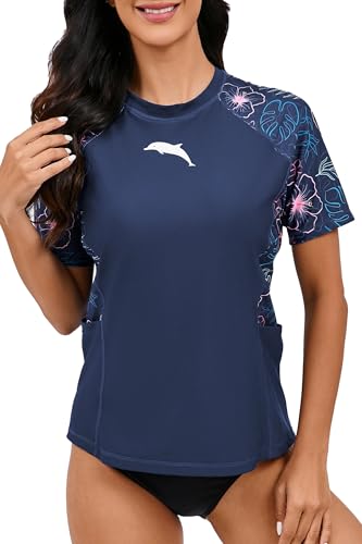 Halcurt Womens Short Sleeve Rash Guard Swim Shirts with Built in Bra Pockets UPF50+ Sun Protection Swimsuit Top Navy Floral XL
