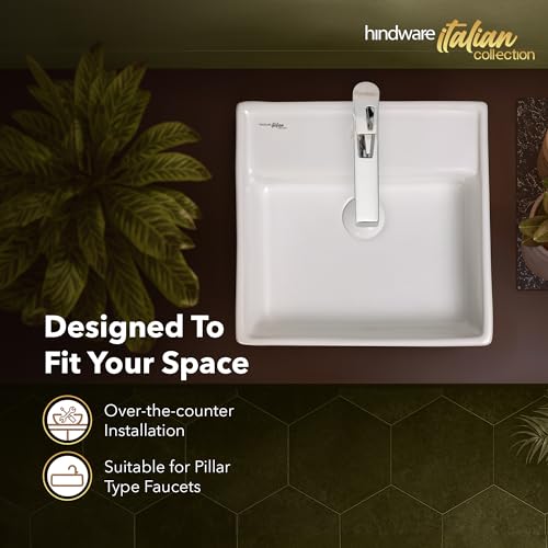 Image of Hindware Italian Collection Inox Table Top Wash Basin for Bathroom | Made of Ceramic | Star White | Square Shape | Over the Counter Basin