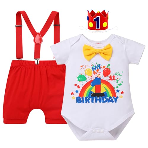 IBTOM CASTLE Circus Carnival First Birthday Outfit Boy Clown Short Sleeve Cotton Romper Bodysuit Shorts Crown Headband Photo Shoot Cake Smash Baptism Baby Boy Clothes Set Rainbow 12-18 Months
