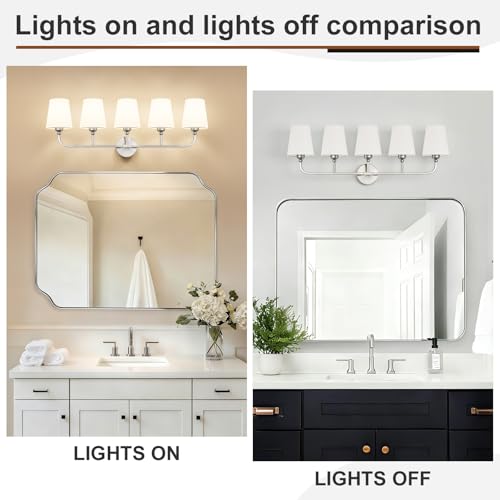 Image of Bathroom Vanity Light Brushed Nickel Bathroom Lighting Fixtures Over Mirror | 5-Light Bathroom Light Fixtures with Flared White Fabric Shade, E26 Socket (ETL Listed)