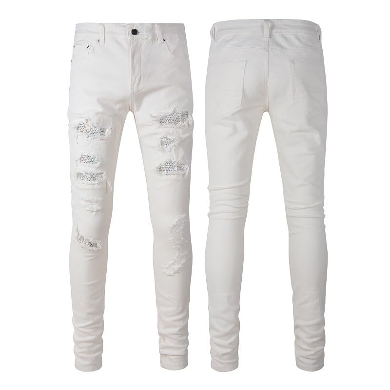 Jeans blanc Generico avec strass élégants pour femme denim tendance