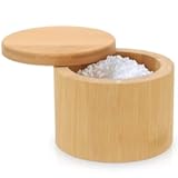 Salt Cellar&comma; Bamboo Salt Container with Lid&comma; Solid Salt Box Holder with 360° Swivel Lid for Countertop to Store Pepper Spice&comma; Elegant Flaky Salt Containers Bowl on Your Kitchen&comma; 6OZ