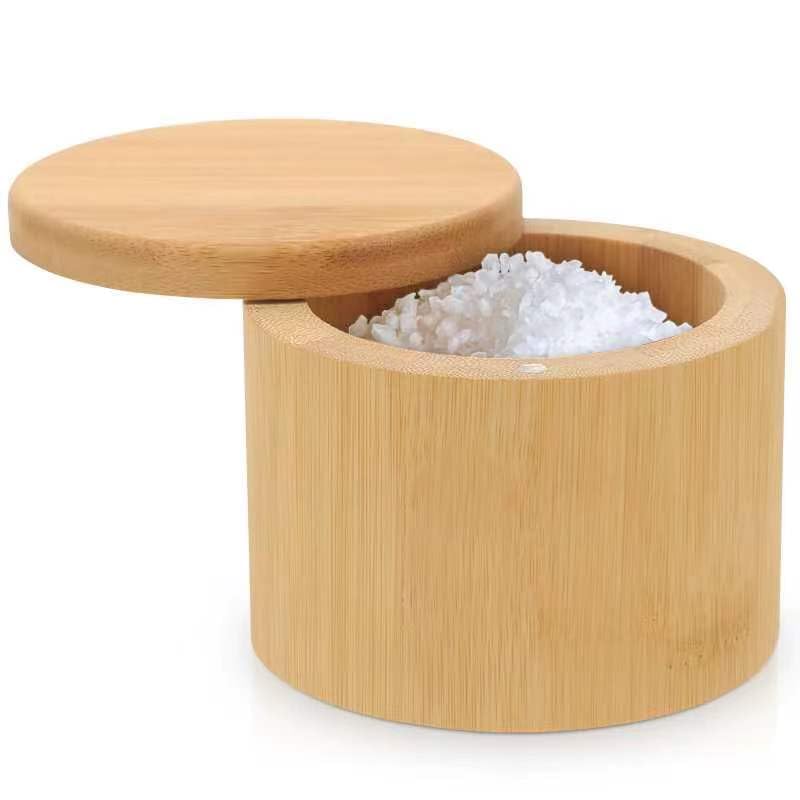 karmiero Salt Cellar, Bamboo Salt Container with Lid, Solid Salt Box Holder with 360° Swivel Lid for Countertop to Store Pepper Spice, Elegant Flaky Salt Containers Bowl on Your Kitchen, 6OZ