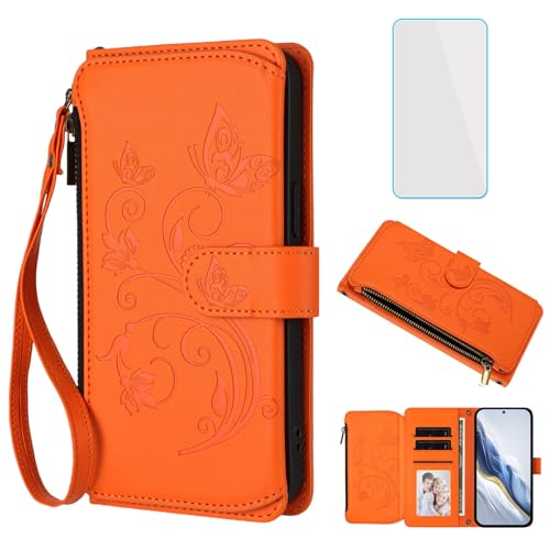 IUQXU Funda para Motorola Moto G56 5G Tapa Libro con Protector Pantalla Anti Choques Floreado Mariposa Case Ranuras Tarjetas Cremallera Billetera Cuero Carcasa Moto G 56 MotorolaG56 Naranja