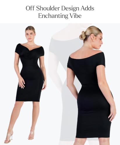 Image of Popilush Women's Shapewear Midi Dress Off Shoulder Wrap V Neck Formal Wedding Guest Cocktail Dresses Bodycon Evening Gowns