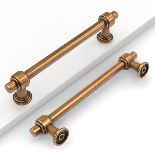Image of 10 Pack 5 inch(128mm) Antique Brass Cabinet Pulls Kitchen Cabinet Handles Vintage Cabinet Hardware Aged Brass Drawer Pulls for Bathroom Cupboard
