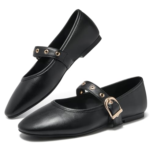 CouieCuies Women's Mary Jane Flats Round Toe Ballet Flat with Buckle Dressy Comfortable Maryjane Flats Adjustable Strap Office