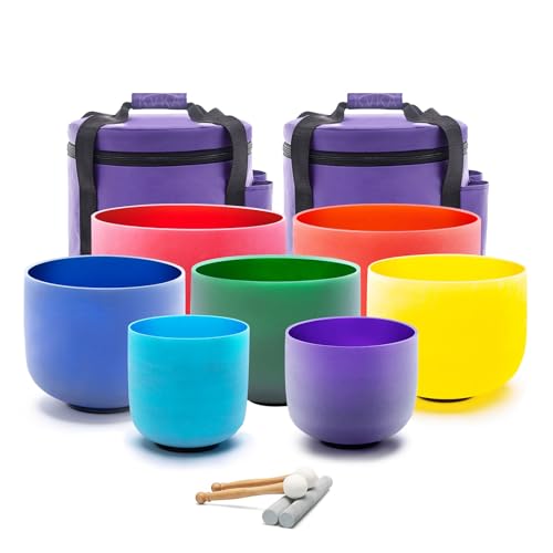 KVKA 432hz 6-12 Inch Colored Crystal Singing Bowls Set of 7Pcs Sound Healing Bowls with Carrying Case for Yoga Bath Meditation