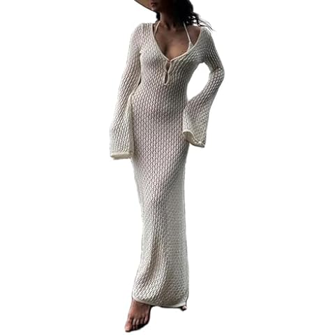 Women Long Knit Dress Deep V-Neck Long Sleeve Sexy Going Out Dress Fall Backless Holiday Beachwear Dress (White, S) Cover