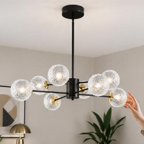Image of Sputnik Chandeliers with Glass Shades,Modern 8 Light Chandelier for dinging Room, Black G9 Pendant Lighting Fixture,Mid Century Hanging Ceiling Light for Kitchen Island,Living Room