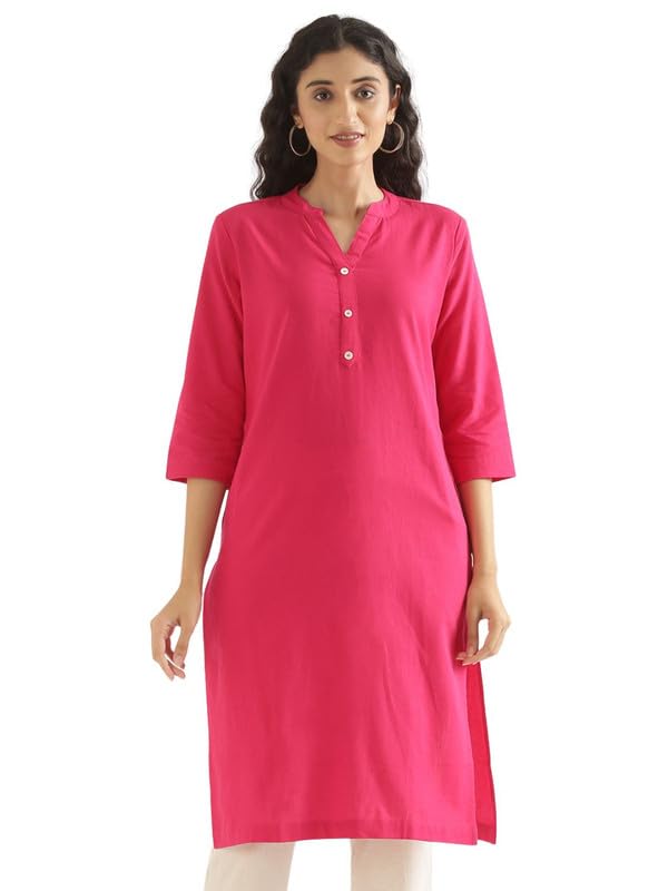 Image of SAADAA Women's Linen Straight Fit Straight Long Kurta Airy Plain Kurta, 3 /4 Sleeve, Knee Length Kurtis with Pockets, Casual and Office Wear