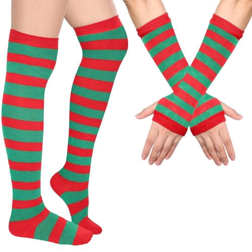 Image of Geyoga Arm Warmers Leg Warmers Striped Thigh High Socks Fingerless Gloves Stockings Christmas Halloween