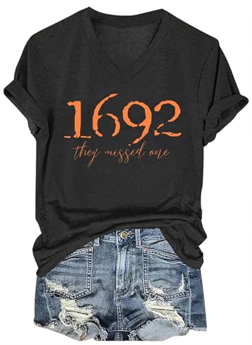 Halloween V Neck T Shirts for Women 1692 They Missed One Shirts Halloween Witch Graphic Tshirts Salem 1692 Tops Outfit(1692 Deep Grey 4 Medium)