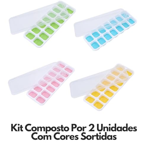 Kit 2 Unidades Forma de Gelo com Tampa Rígida e Fundo Flexível em Silicone, 14 Cavidades, Material A