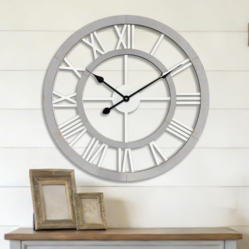 Blueprint Ivy 24 Inch Large Rustic Wall Clock Silent Non Ticking Wooden Wall Clocks with Roman Numerals Blueprint Ivy 24 Inch Large Rustic Wall Clock Silent Non-Ticking Wooden Wall Clocks with Roman Numerals Farmhouse Decorative Clock for Living Room Bedroom Office (Grey, 24 Inch)