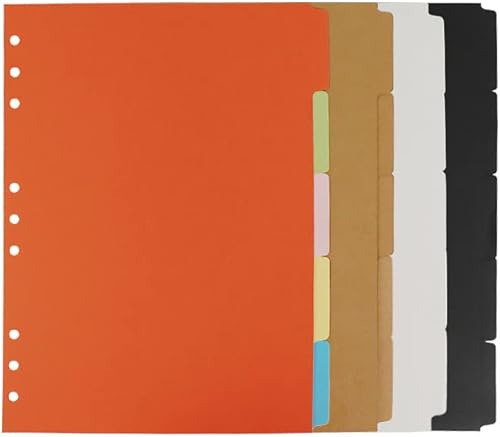 Paquete de 4 separadores de índice de carpeta B5, 5 pestañas, 9 agujeros perforados de anillos redondos, agenda, insertos de papel para carpetas de