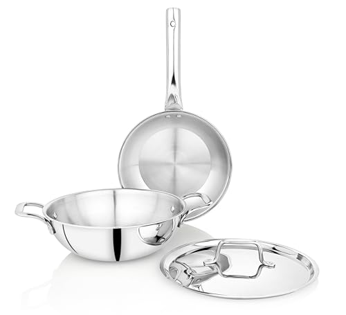 Image of Praylady TRIPLUS 3-Piece Triply Cookware Set | 24cm Kadai + 24cm Lid + 22cm Frypan | Triple-Layered Stainless Steel-Aluminum | Works on Induction, Gas & All Cooktops(3-Piece Triply Cookware Set)