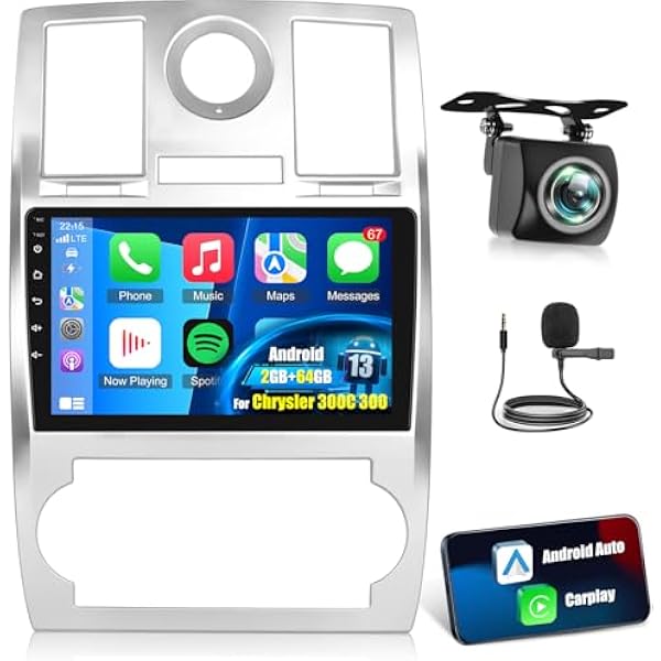 NHOPEEW Radio samochodowe z systemem Android dla Chryslera 300C 300 2005 2006 2007 2008 2009 z bezprzewodową funkcją Carplay i Android Auto, WiFi GPS Mirror Link Split Screen Steer Wheel Control FM