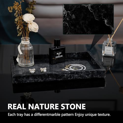 Image of Real Natural Marble Tray for Bathroom, Vanity, Kitchen and Desktop, Rectangle Genuine Marble Stone Tray for Jewelry, Cosmetics, Candles, Lotion, Perfume and Home Decor Black