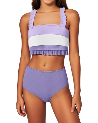 Mioglrie Girls Bathing Suit Kids Swimsuits Teen Tankini Girls' Swimwear Beach Ruffle Tween Bikini Sets Size 7-14
