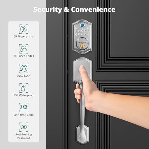 AkaGear Keyless Entry Door Lock with Handle Set - Fingerprint Door Locks, Electronic Keypad Deadbolt, Smart Locks for Front Door, Auto-Lock & One Touch Locking, Easy Installation - Satin Nickel by AkaGear - Image 3